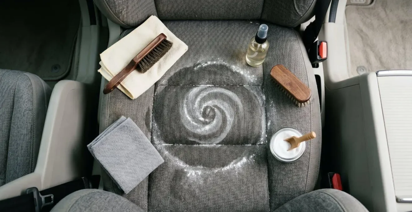 Vue aérienne d'un siège en tissu automobile avec application de poudre absorbante sur une tache, montrant la technique de nettoyage en cercles concentriques