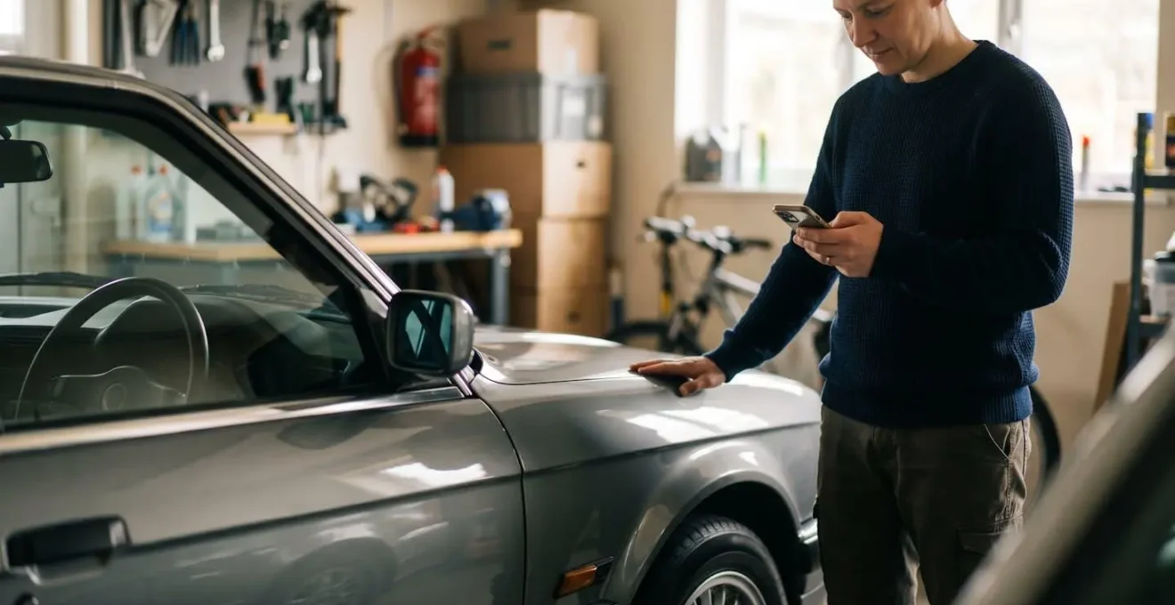 Voiture stationnée dans un garage privé avec équipements de surveillance connectés
