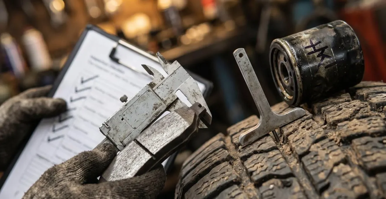 Gros plan macro sur des outils de mesure professionnels et une checklist de révision automobile