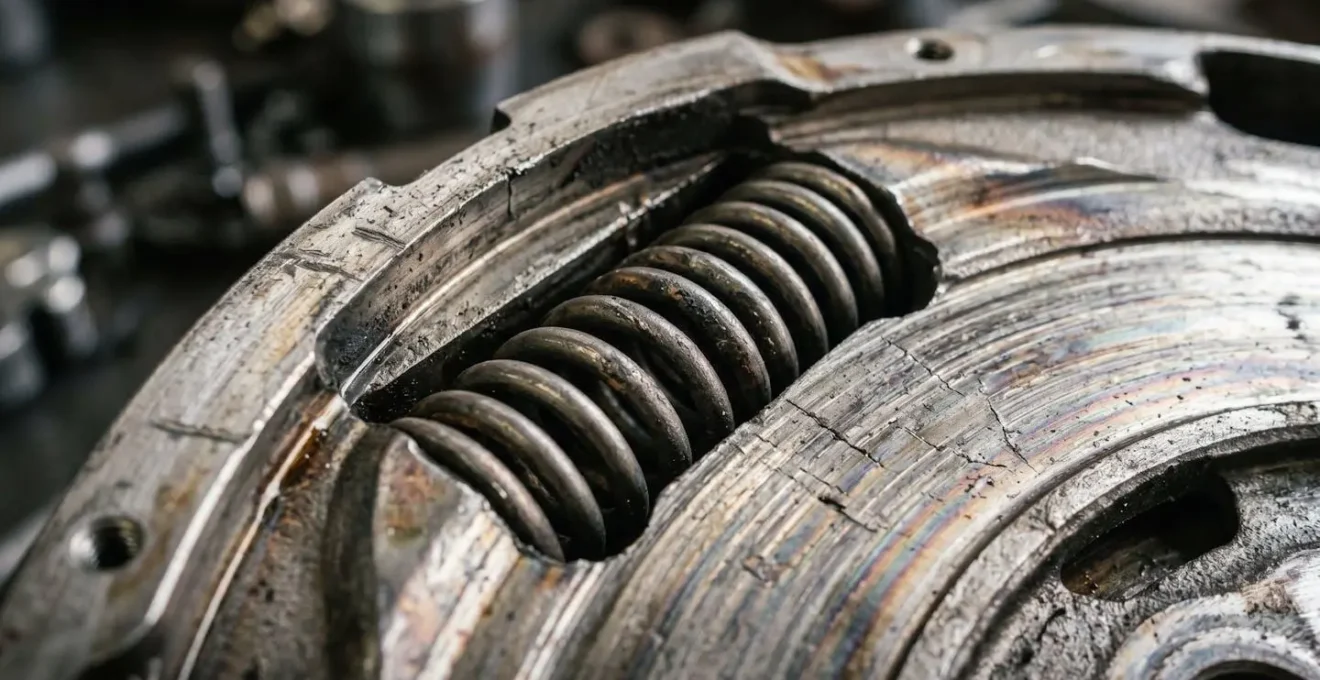 Gros plan sur un volant moteur bi-masse avec ressorts internes visibles et traces d'usure