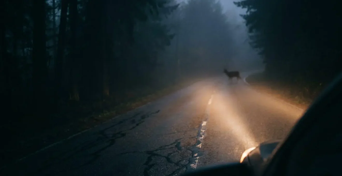 Phares de voiture éclairant une route départementale la nuit avec silhouette floue d'un chevreuil sur le bas-côté