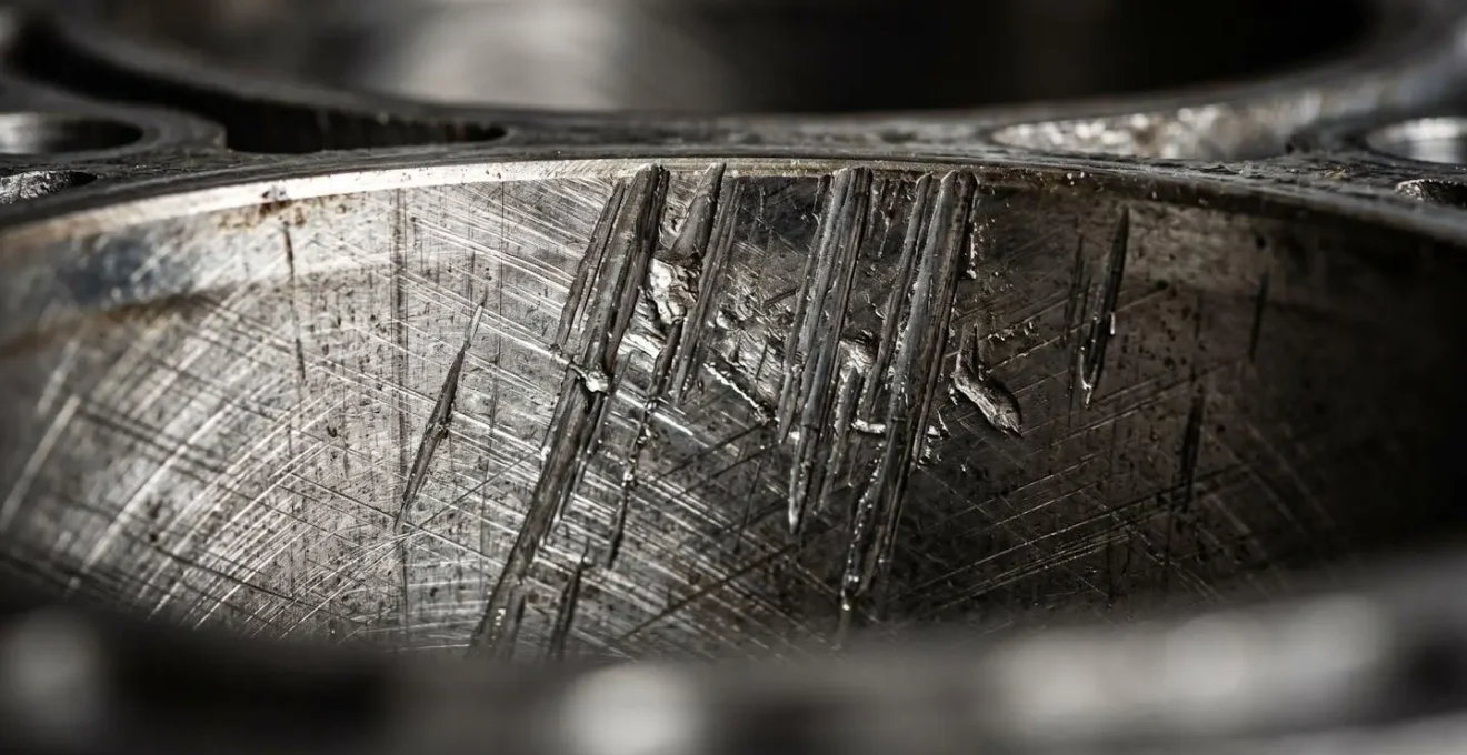Vue détaillée de cylindres moteur présentant des rayures d'usure dues aux démarrages à froid