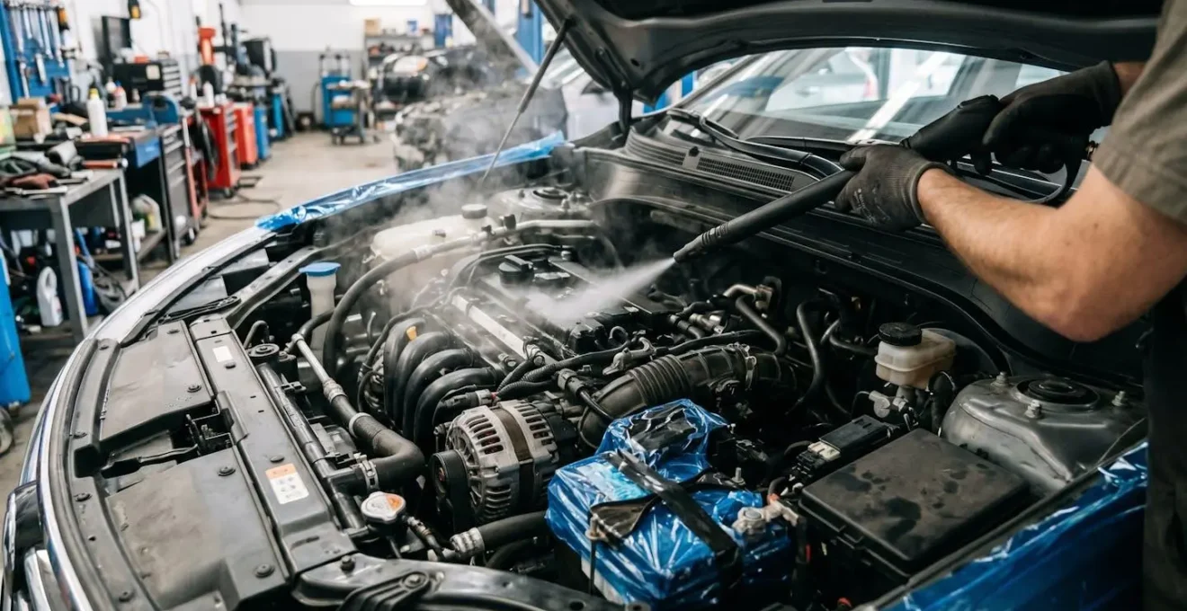 Nettoyage à la vapeur sèche d'un compartiment moteur avec protection des composants électriques
