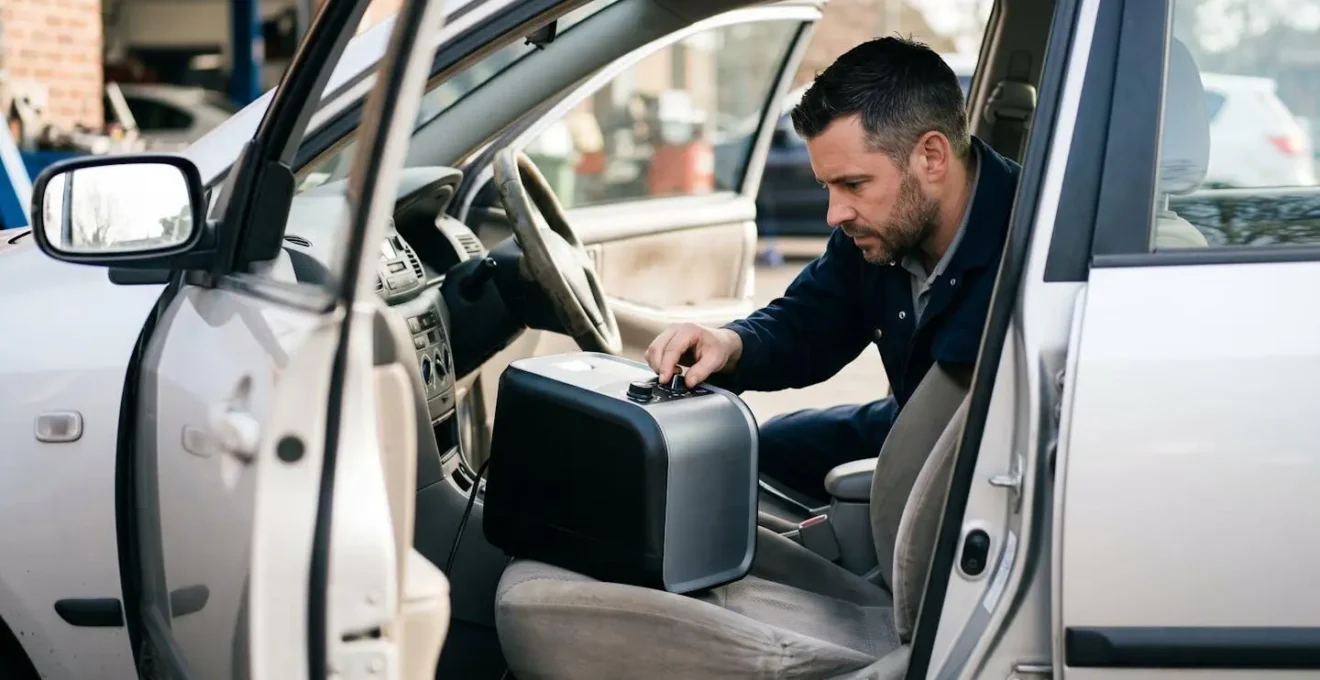 Générateur d'ozone professionnel dans l'habitacle d'une voiture pour traitement anti-odeurs
