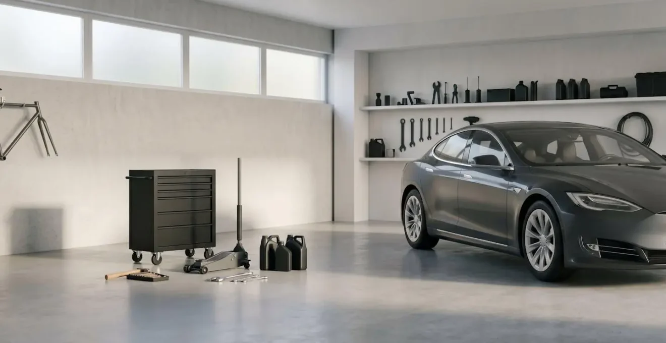 Vue d'ensemble minimaliste d'un garage privé avec véhicule stationné et équipements d'entretien